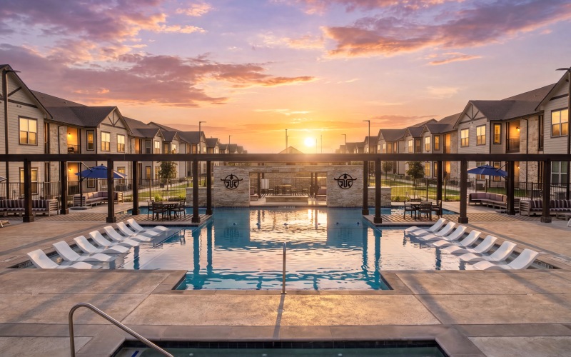 a photo of a sunset and the pool
