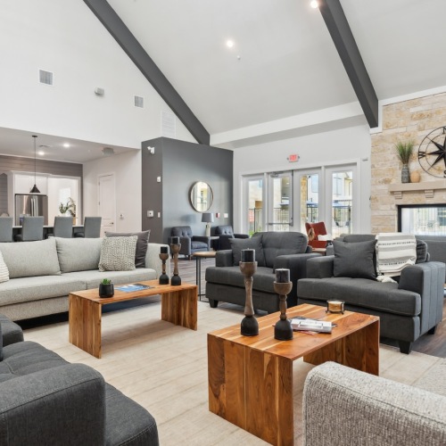clubhouse with fireplace and comfy seating